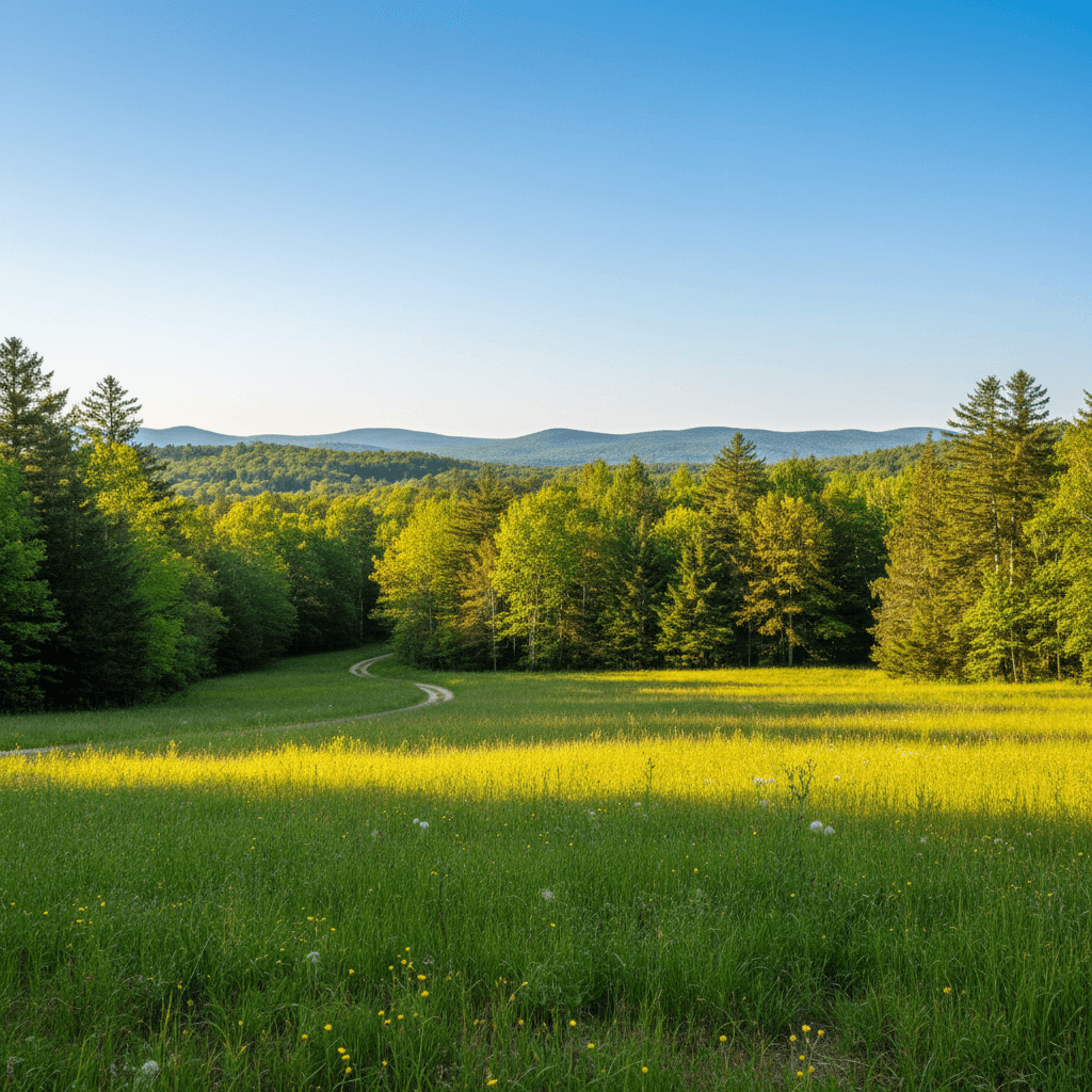 Scenic New Hampshire landscape with mixed woodlands and open fields under a clear sky